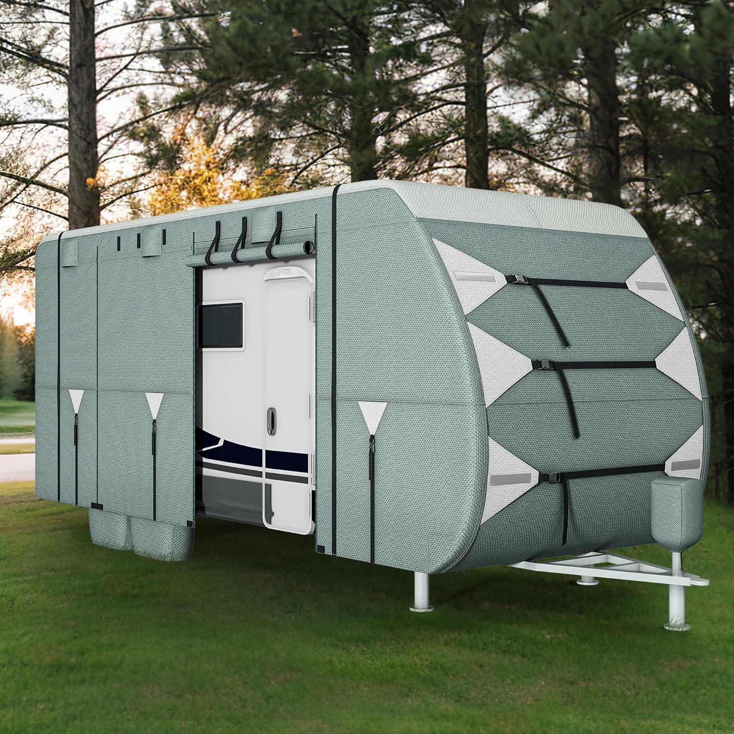 Travel Tailer RV Cover Camper Cover 27-30ft Super Thick Waterproof Windproof Anti-UV Rip-Stop Motorhome Covers with 2 Long Straps 4 Tire Covers Tongue Jack Cover