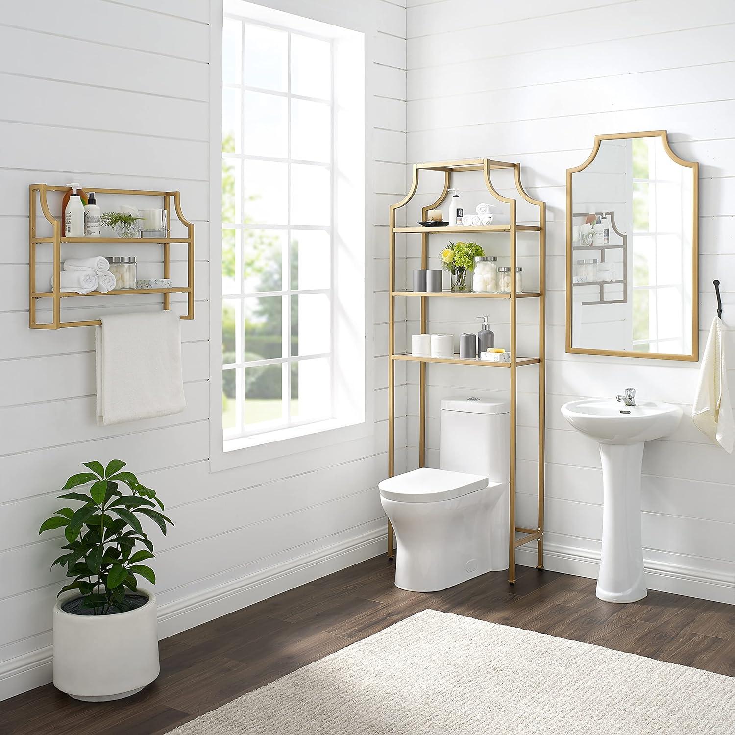 Crosley Aimee Wall Shelf Gold: Modern Luxury Storage with Tempered Glass, Steel Frame, Open Design