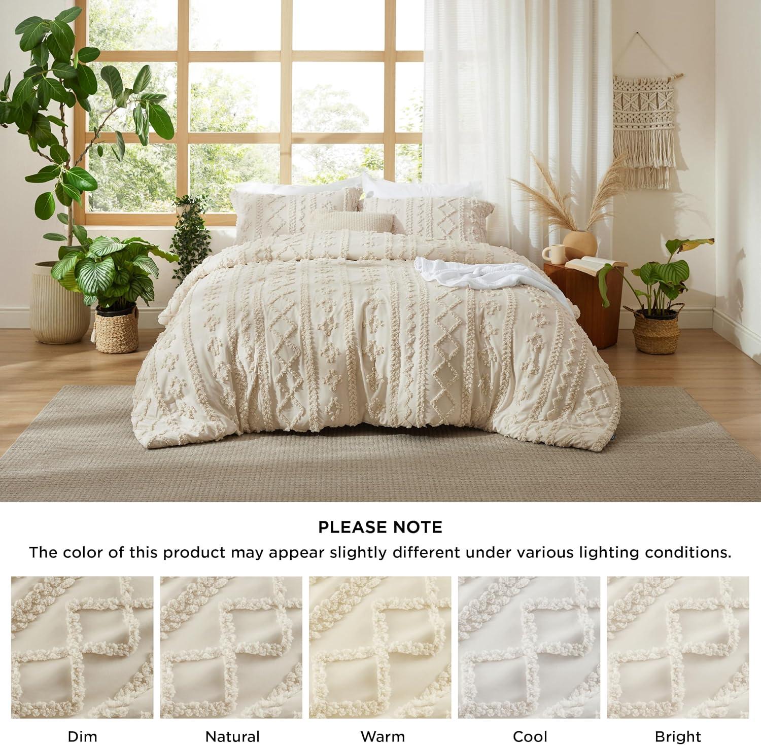 Cozy Comfort Tufted Boho Comforter Set Full, Beige, 3 Pieces Farmhouse Shabby Chic Embroidery Bed Set, Soft Jacquard Comforter for All Seasons
