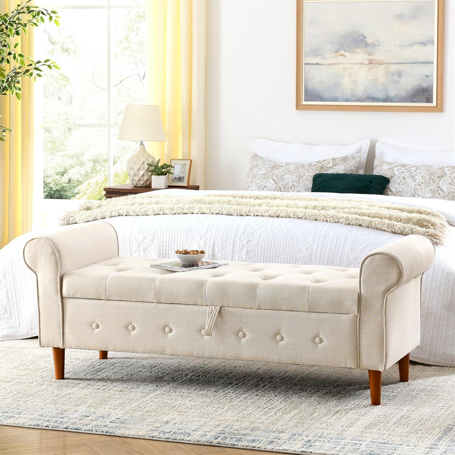 62"" Bedroom Tufted Button Storage Bench, Long Linen Upholstered Storage Ottoman Bench with Rolled Armrest, End of Bed Bench, Window Bench for Bedroom, Living Room, Entryway (Beige), 1