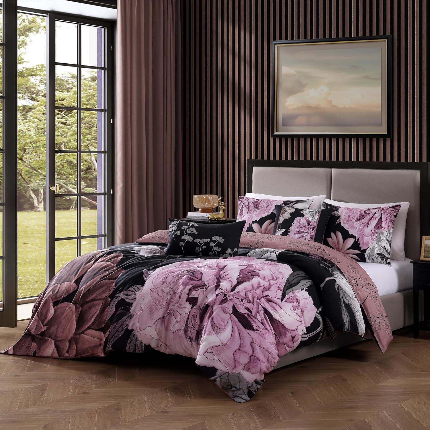 BeBeJan Bebejan Floral Garden on Mocha 100% Cotton 5-Piece Reversible Comforter Set