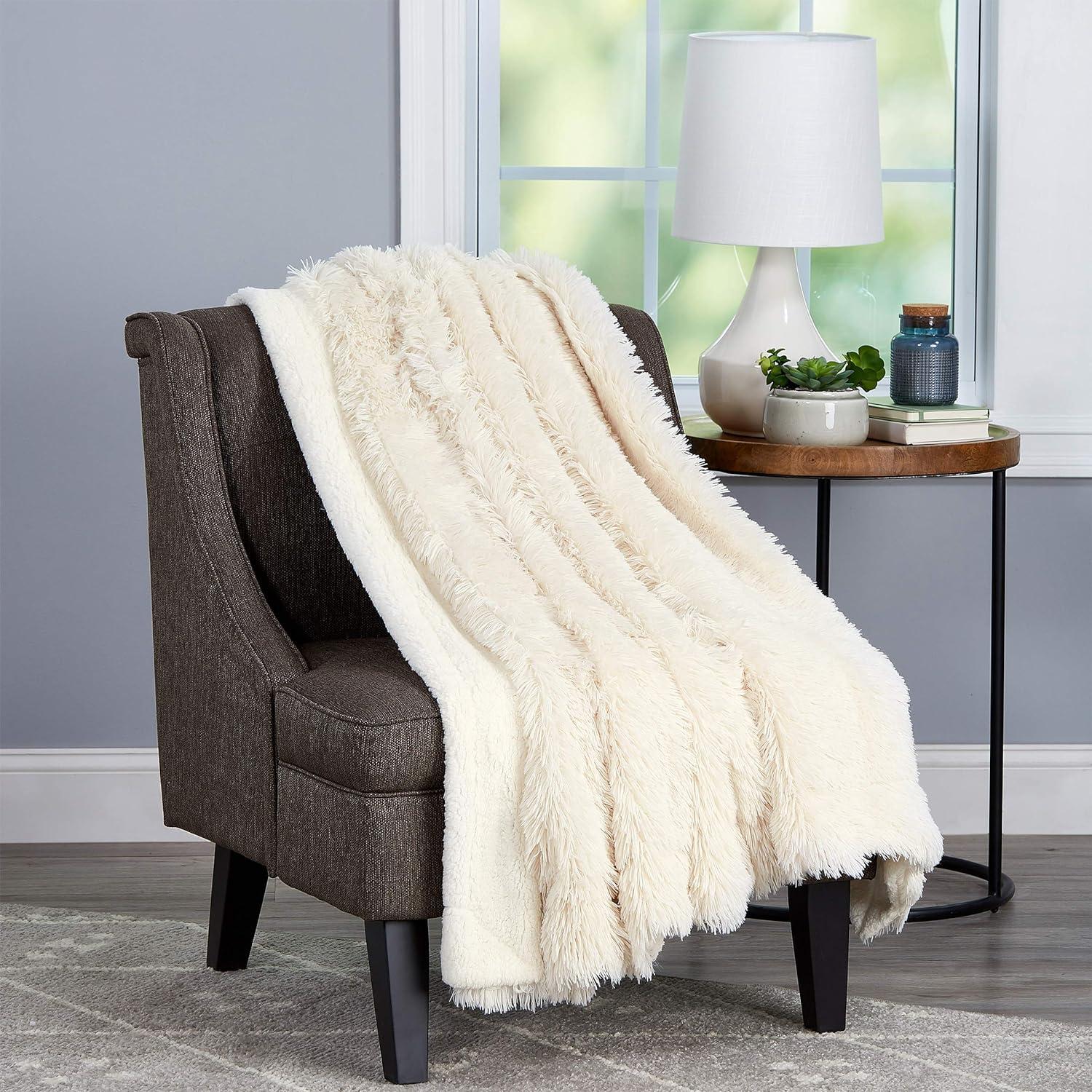 White Faux Fur and Sherpa Throw Blanket 60" x 70"