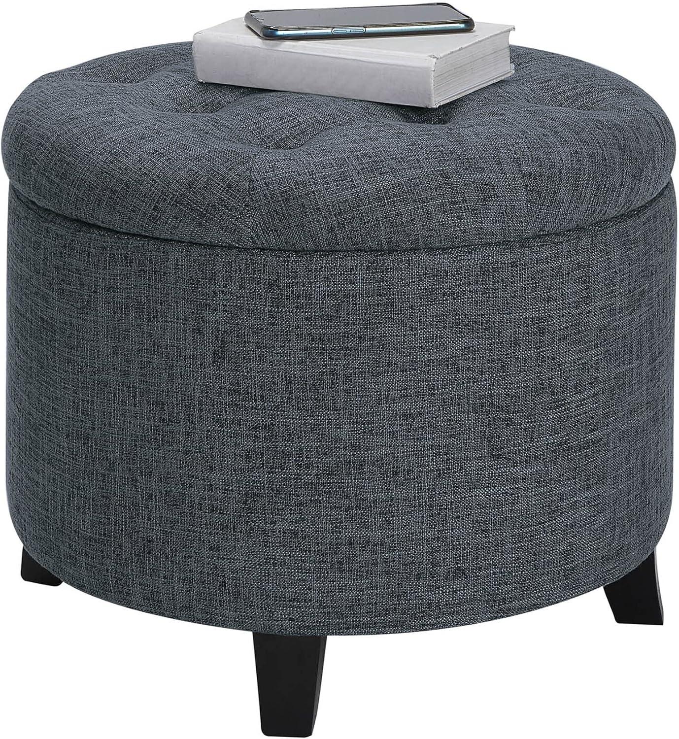 Stormy Gray Tufted Round Storage Ottoman with Dense Foam Cushion