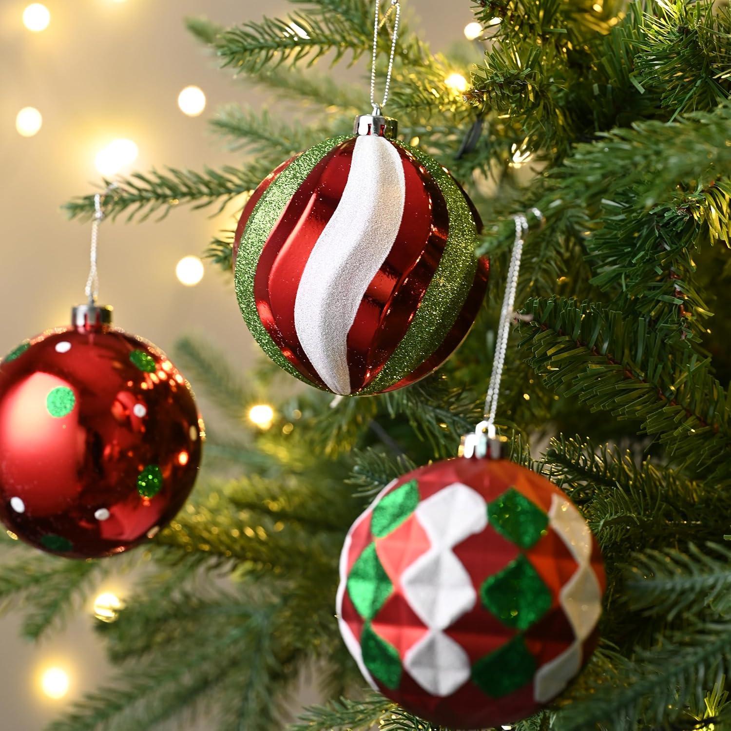 SHIRLEY'S OFFICE FURNITURE, LLC Christmas Tree Ornaments Set, 9Ct Red Green White Shatterproof Christmas Tree Decorations Bulk, 3.94 Inch Whimsical Large Hanging Ball Ornaments For Xmas Trees Holiday Party Decor