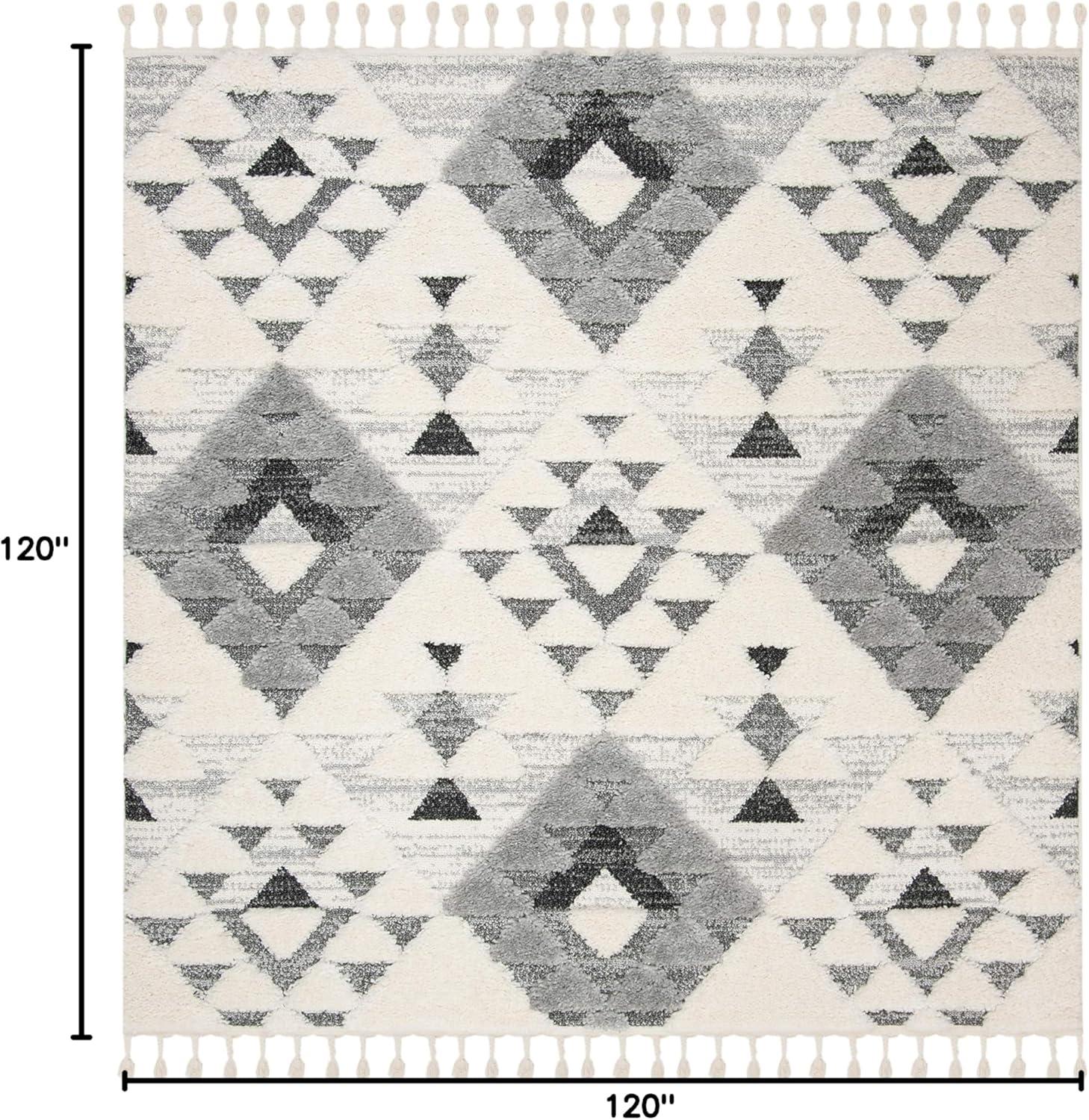 SAFAVIEH Moroccan Tassel Larry Geometric Shag Area Rug, Ivory/Grey, 10' x 10' Square