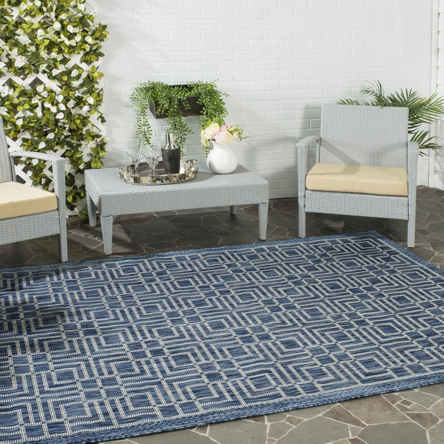 Gray and Blue Geometric Synthetic Square Area Rug