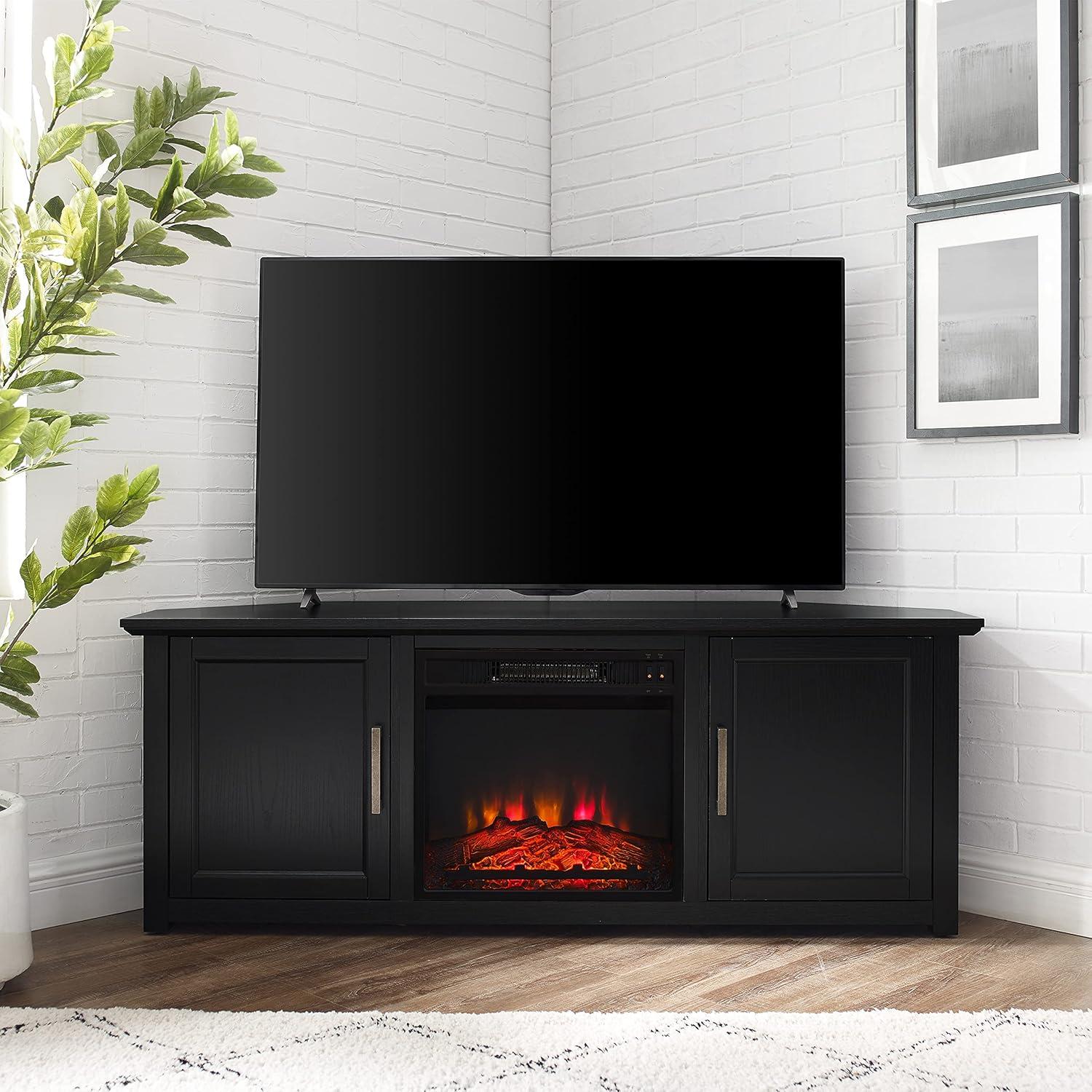 Crosley Camden Corner TV Stand for TVs up to 60" with Fireplace Black: Mid-Century Modern Entertainment Center, Cable Management