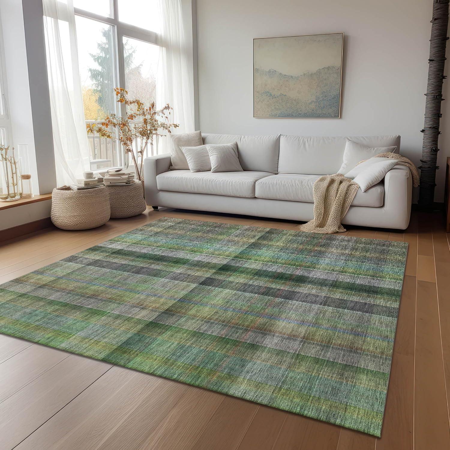 Green Plaid Synthetic Rectangular Washable Area Rug 3' x 5'