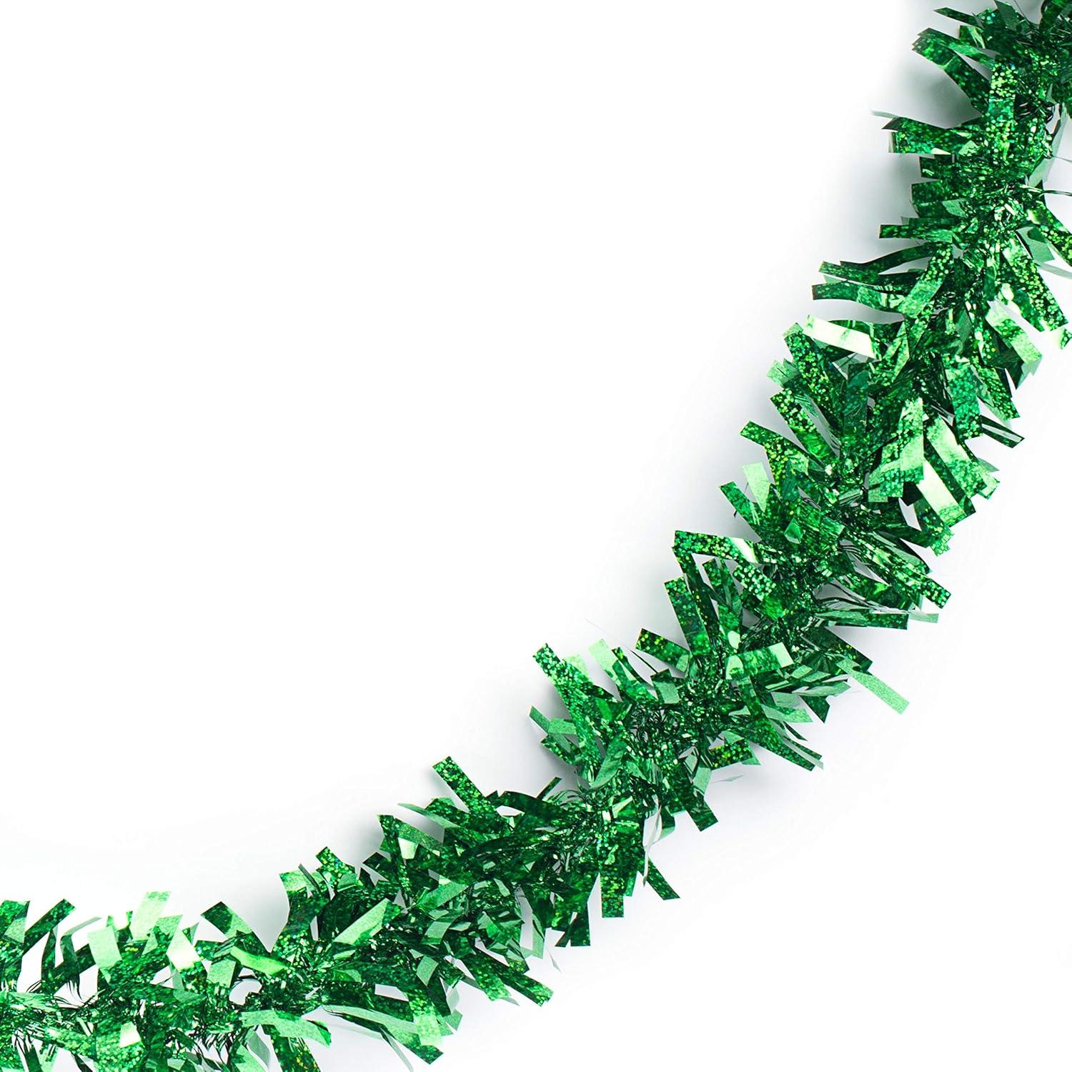 25 ft Long Roll Green Tinsel Twist Garland, Shiny Metallic Foil decorations for Parade Floats, Halloween, Christmas Eve, New Year Parties (4" x 25' roll, Green)