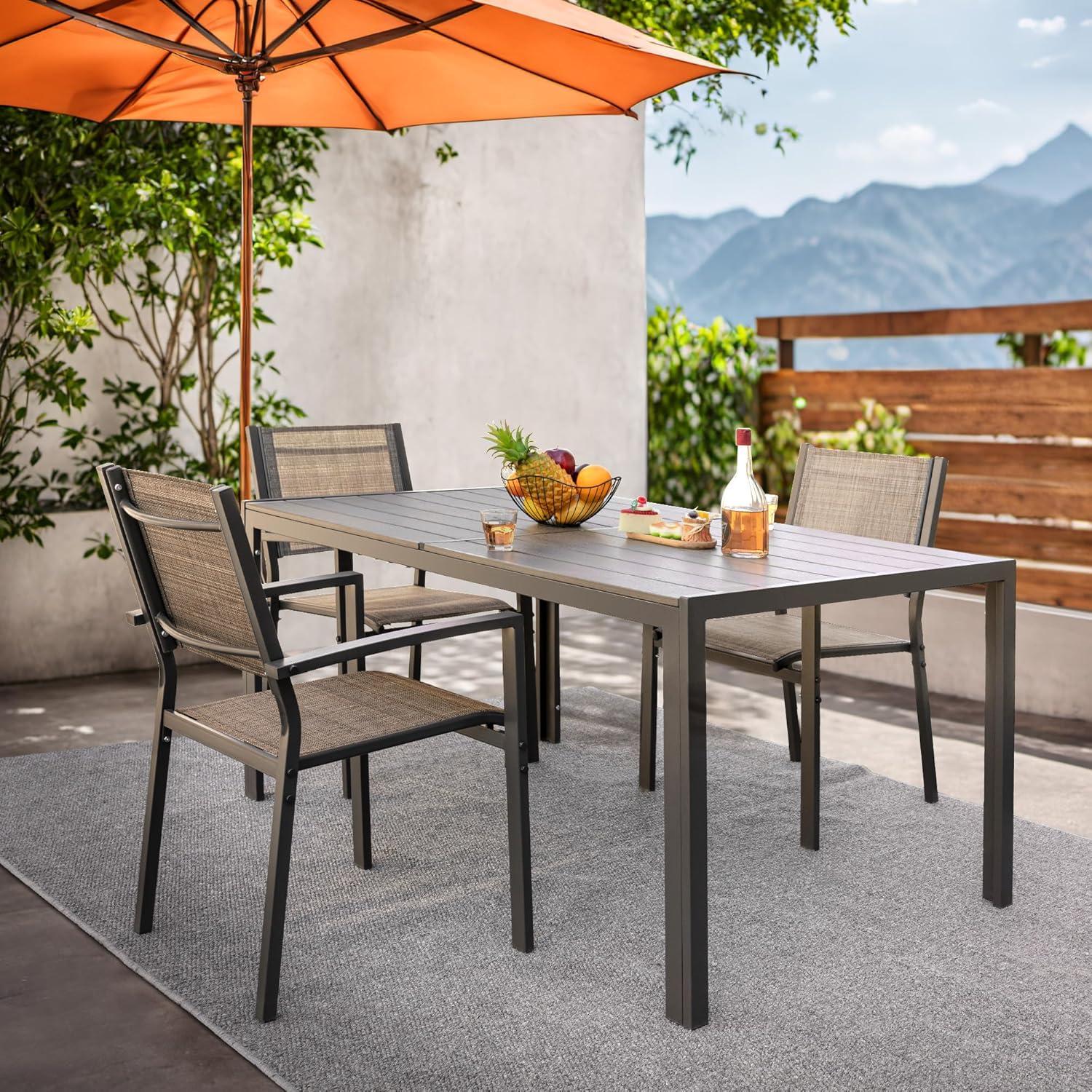 Rectangular Beige and Gray Outdoor Dining Table with Metal Frame