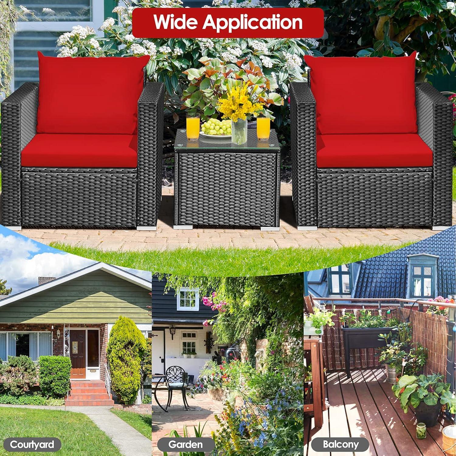 Costway 3PCS Patio Rattan Wicker Furniture Set Sofa Table W/Cushion Yard Red