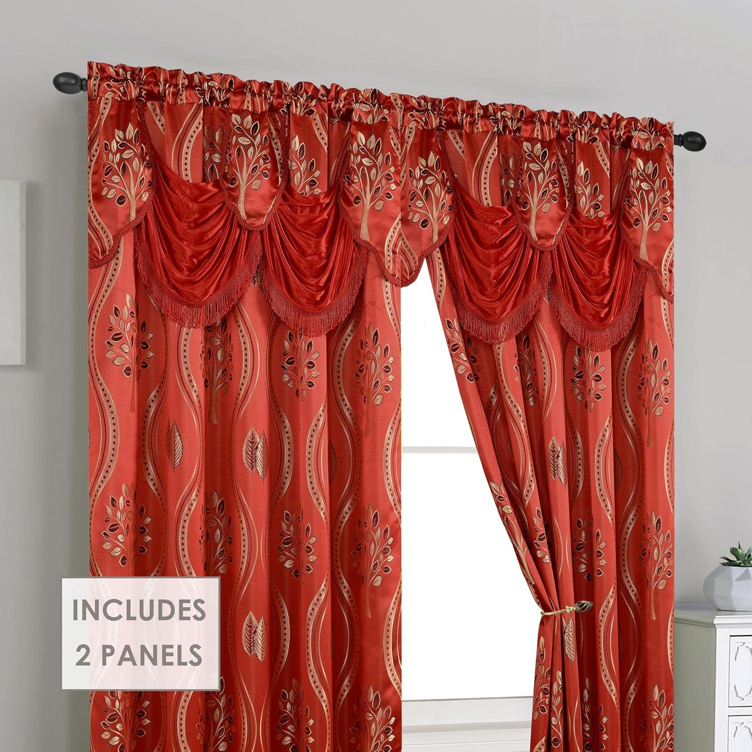 Elegant Comfort Aurora Jacquard Look Curtain Panel Set with Attached Valance 54" X 84 inch (Set of 2), Red