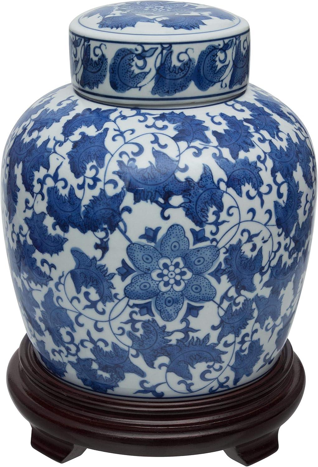 10" Blue and White Porcelain Floral Ginger Jar