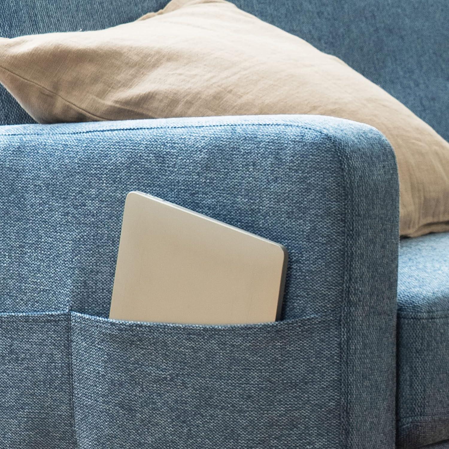Mellow Adair Mid-Century Modern Sofa Couch with Armrest Pockets, Tufted Linen Fabric, Heather Blue