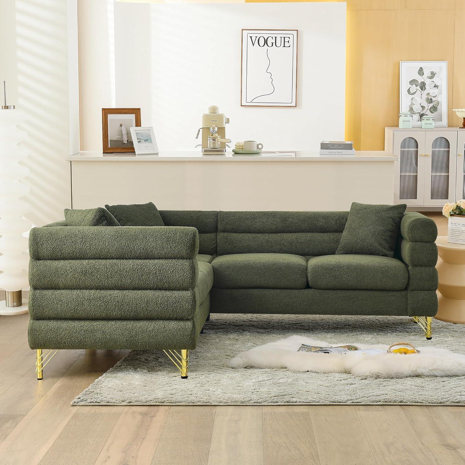 81.5" Oversized L-Shaped Sectional Sofa, Upholstered Teddy Fabric Corner Sofa with 3 Pillow, 5-Seater Corner Sofas with Padded Cushions, Indoor Modular Sofa for Living Room, Bedroom, Office, Green