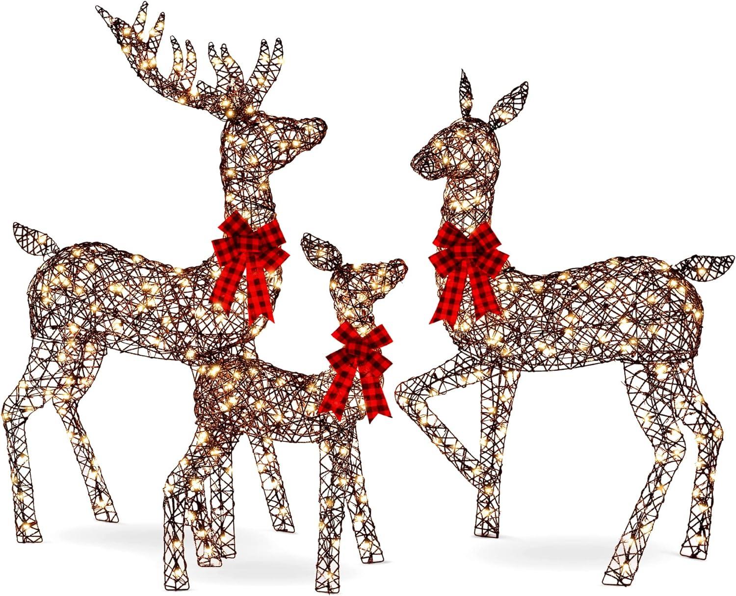 Best Choice Products 3-Piece Rattan Deer Set, Lighted Christmas Outdoor Decoration w/ 360 Lights, Stakes - Rattan