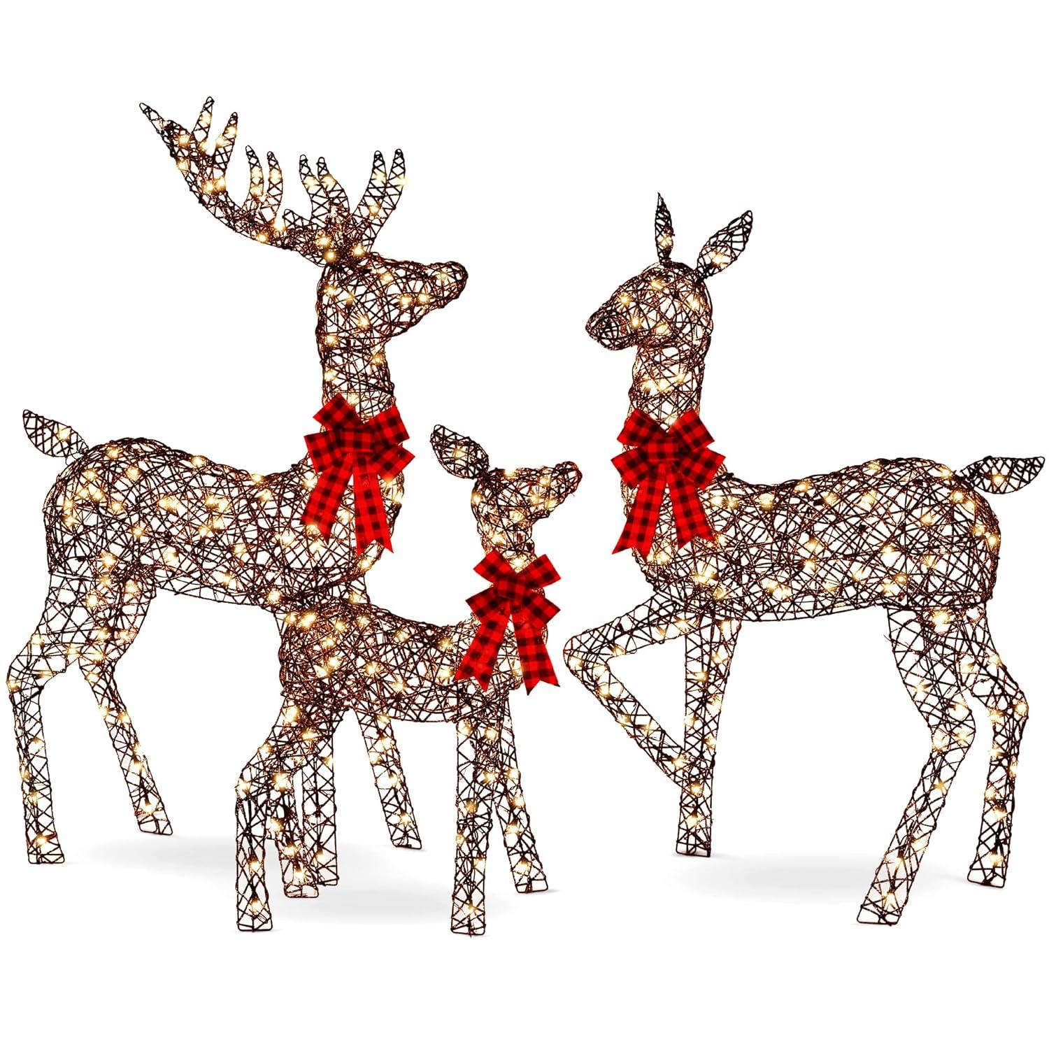 Best Choice Products 3-Piece Rattan Deer Set, Lighted Christmas Outdoor Decoration w/ 360 Lights, Stakes - Rattan