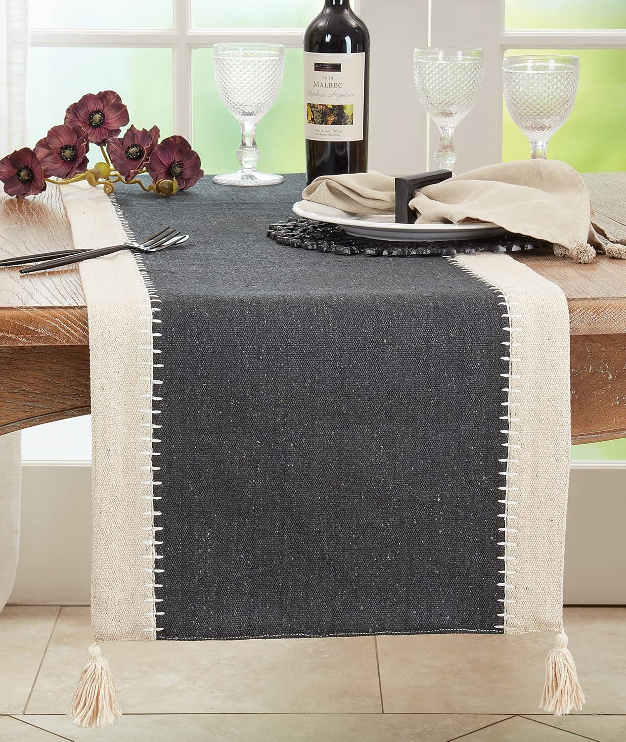 Saro Lifestyle Whipstitch Banded Cotton Table Runner, 16"x72", Black