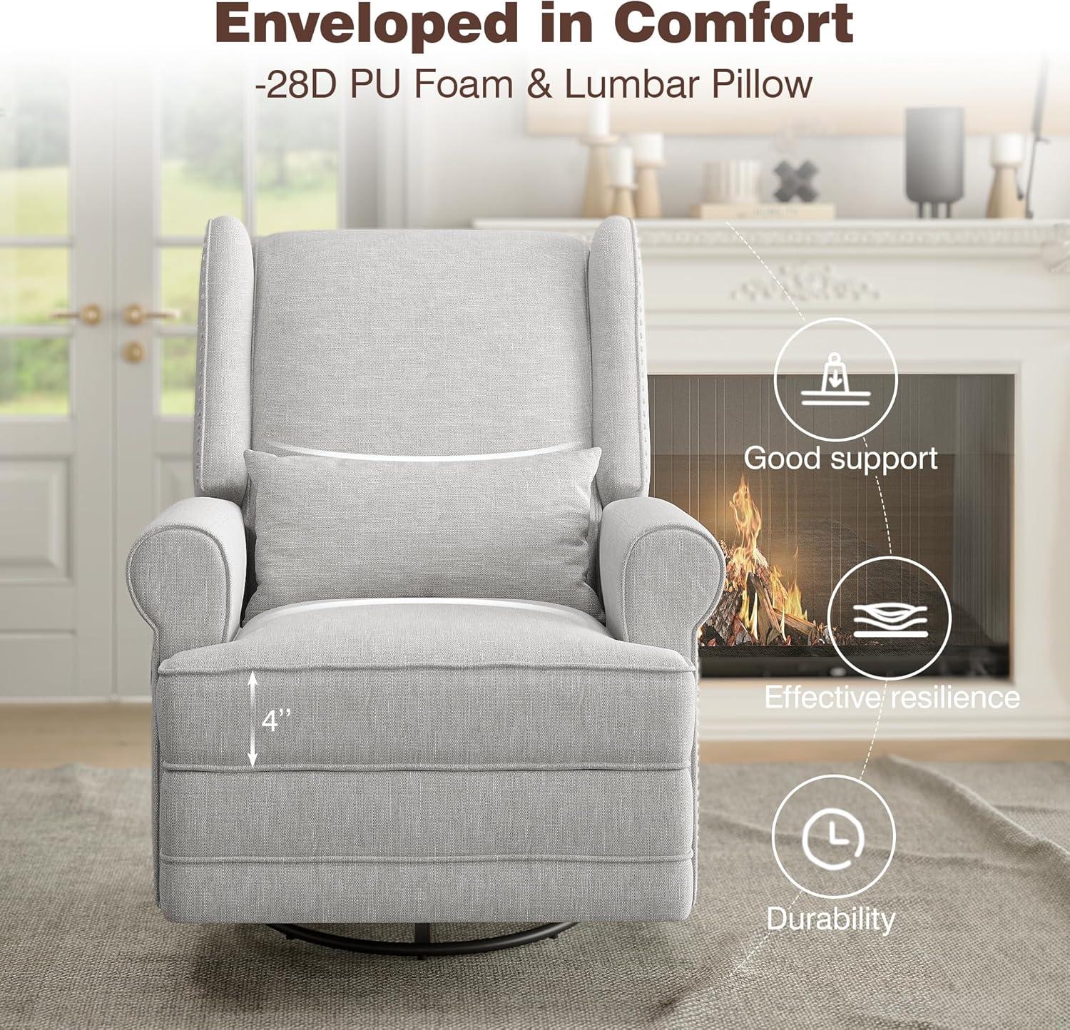 34" Wide Swivel Rocking Nursery Recliner Comfortable Upholstered Glider