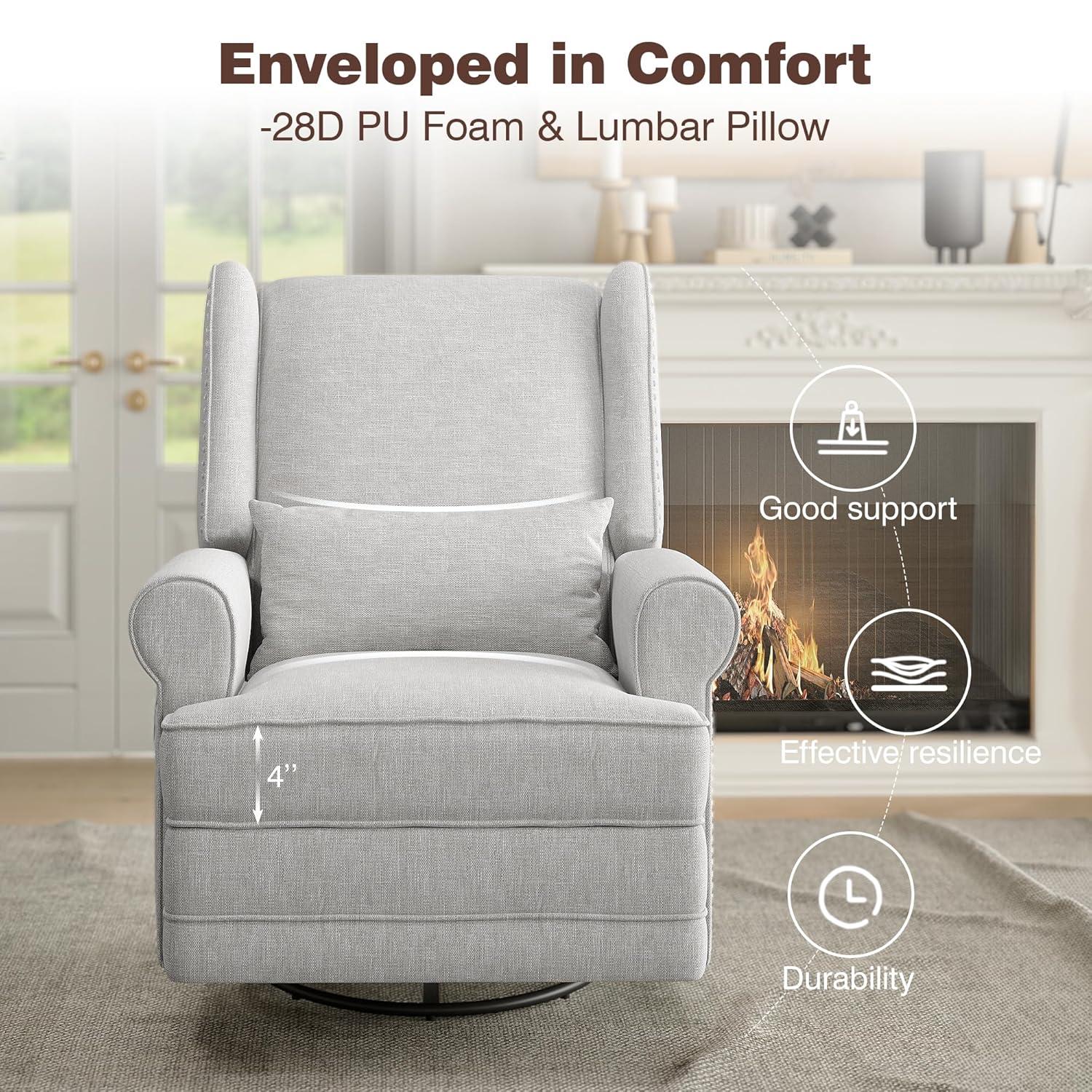 34" Wide Swivel Rocking Nursery Recliner Comfortable Upholstered Glider