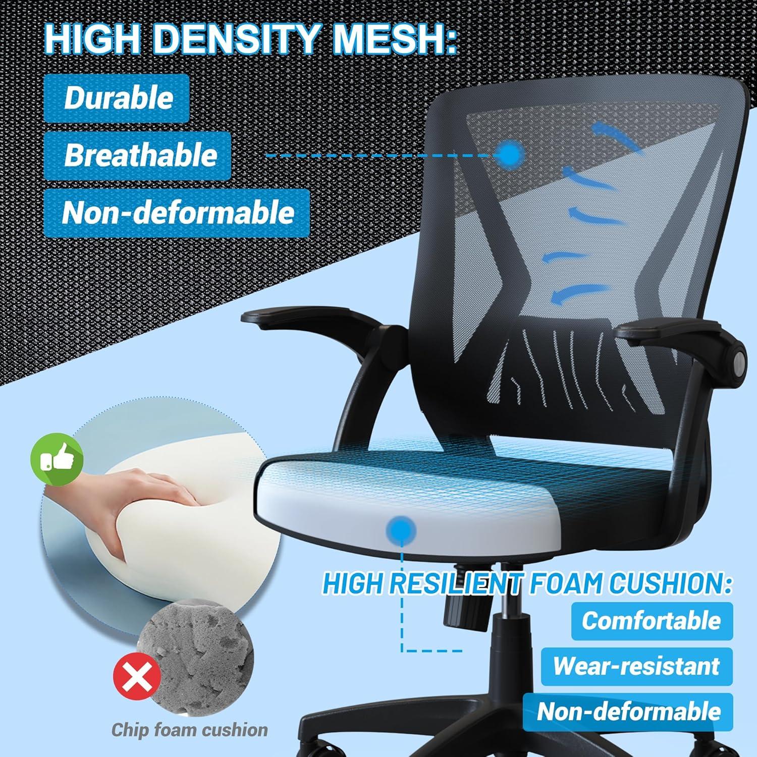 KOLLIEE Mid Back Mesh Office Chair Ergonomic Swivel Black Mesh Computer Chair Flip Up Arms with Lumbar Support Adjustable Height Task Chair