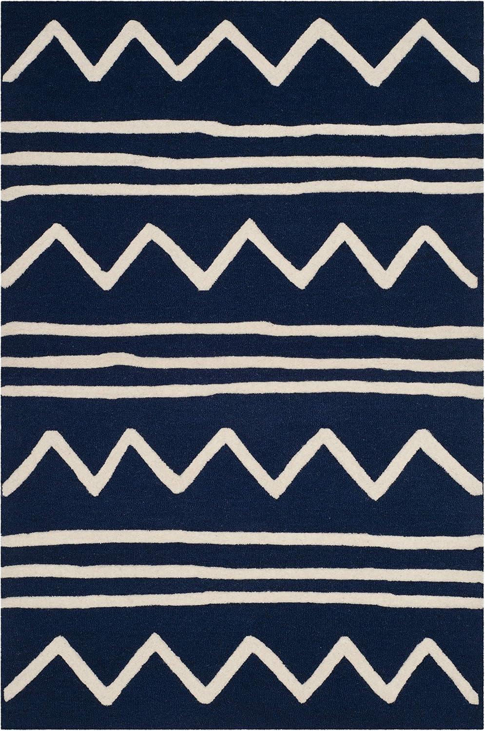 SAFAVIEH Kids Zigzag Striped Wool Area Rug, Navy/Ivory, 9' x 12'