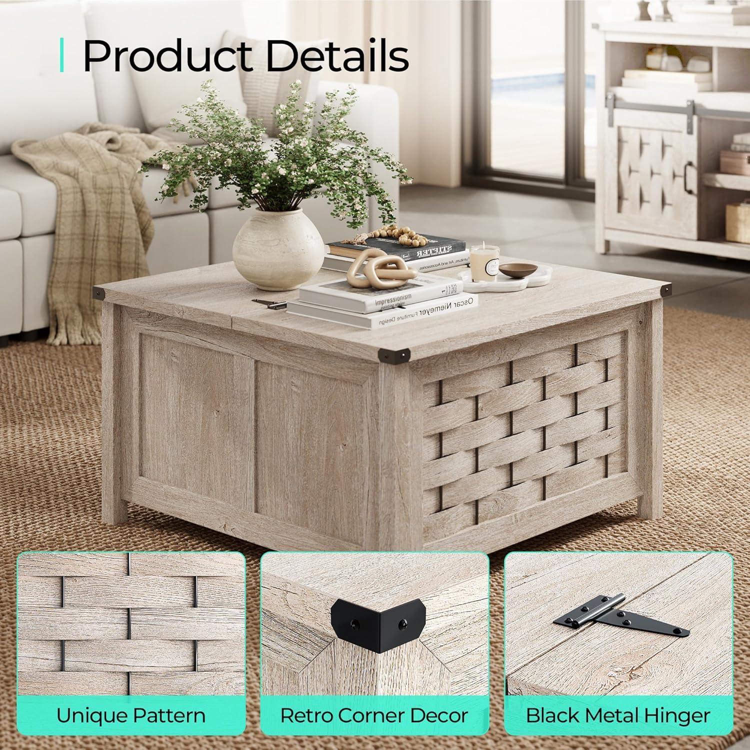 Rustic Square Wood and Metal Lift-Top Coffee Table with Storage