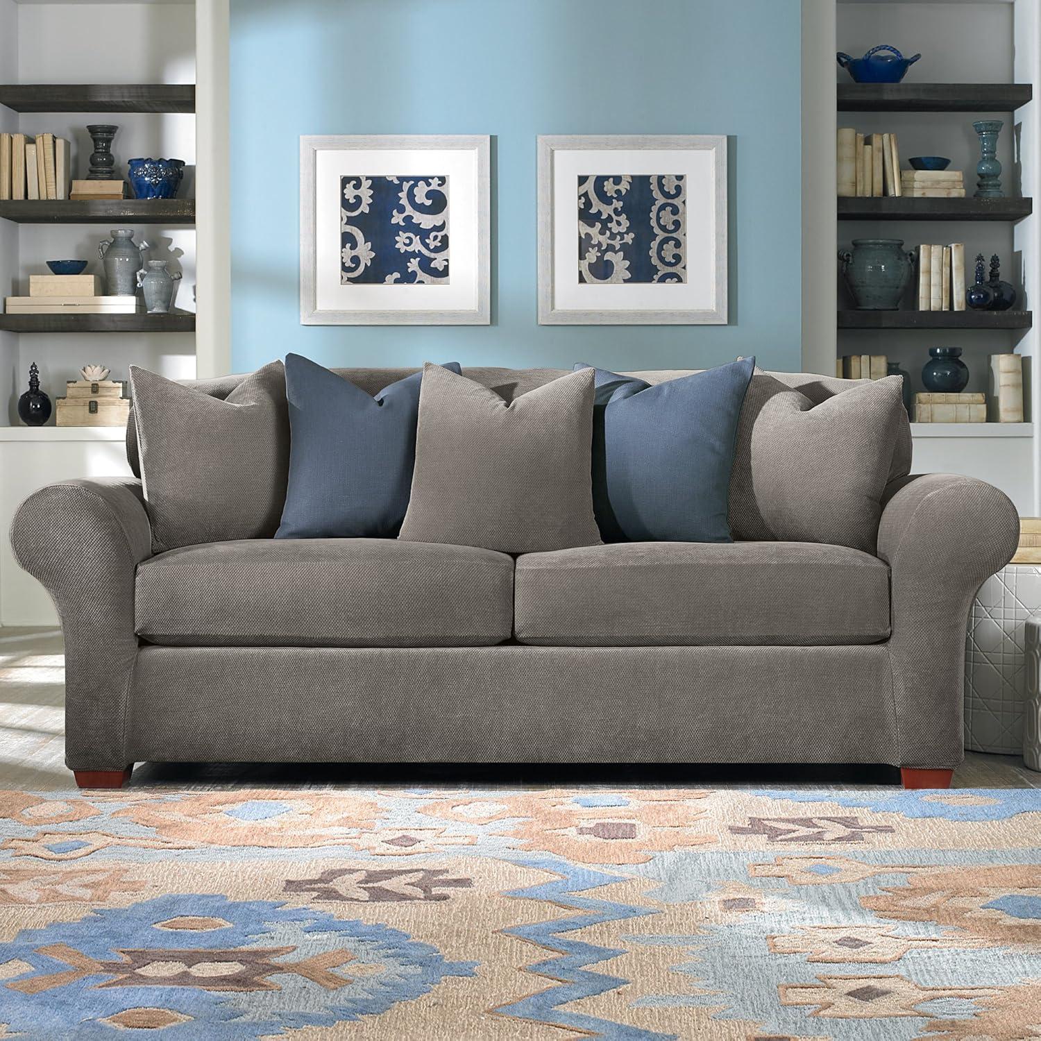 3pc Stretch Pique Sofa Slipcovers Flannel Gray - Sure Fit: Furniture Protector, Indoor Elastic Fit