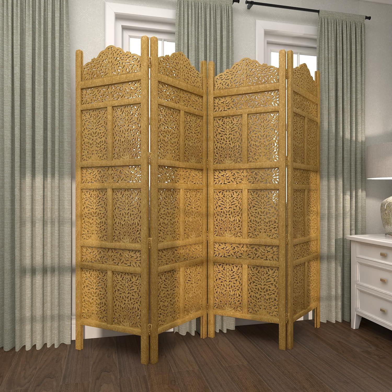 DecMode 80" x 72" Gold Wooden Scroll Handmade Hinged Foldable Partition 4 Panel Room Divider Screen with Carved Elephant Accents, 1-Piece