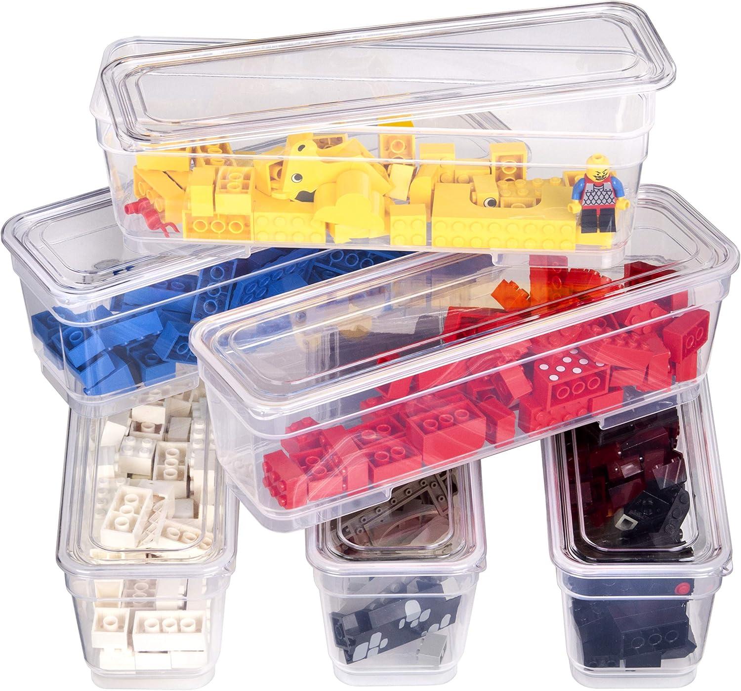 AB Designs Bin Pack, [6] Long Home Organizer Storage Boxes with Lids, Translucent Clear