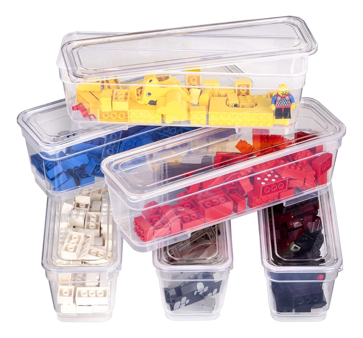 AB Designs Bin Pack, [6] Long Home Organizer Storage Boxes with Lids, Translucent Clear