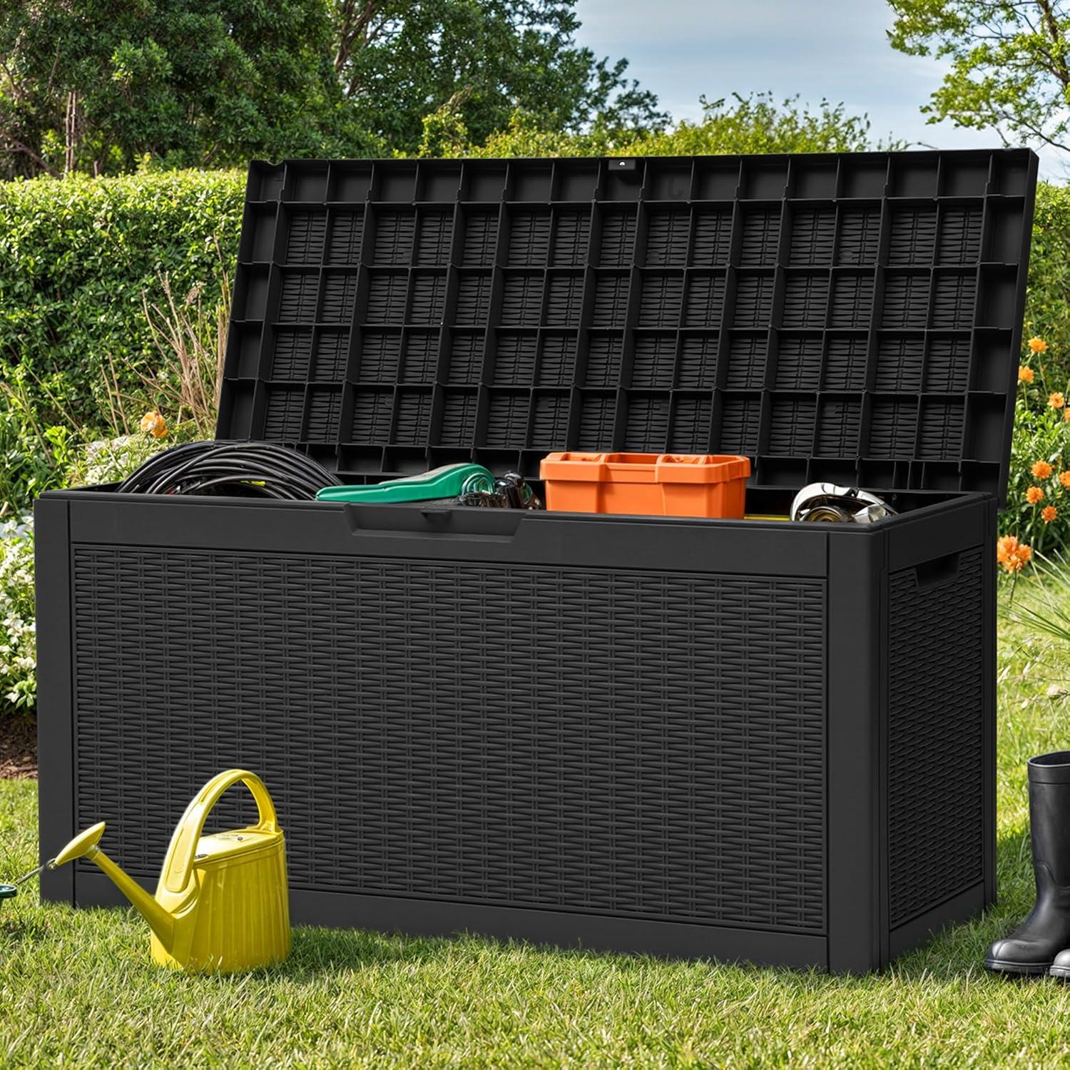 YITAHOME 32 Gallon Rattan Deck Box, Indoor Outdoor Storage Box for Patio Furniture, Pool Accessories, Cushions, Garden Tools, Sports Equipment, Waterproof Resin with Lockable Lid & Side Handles, Black