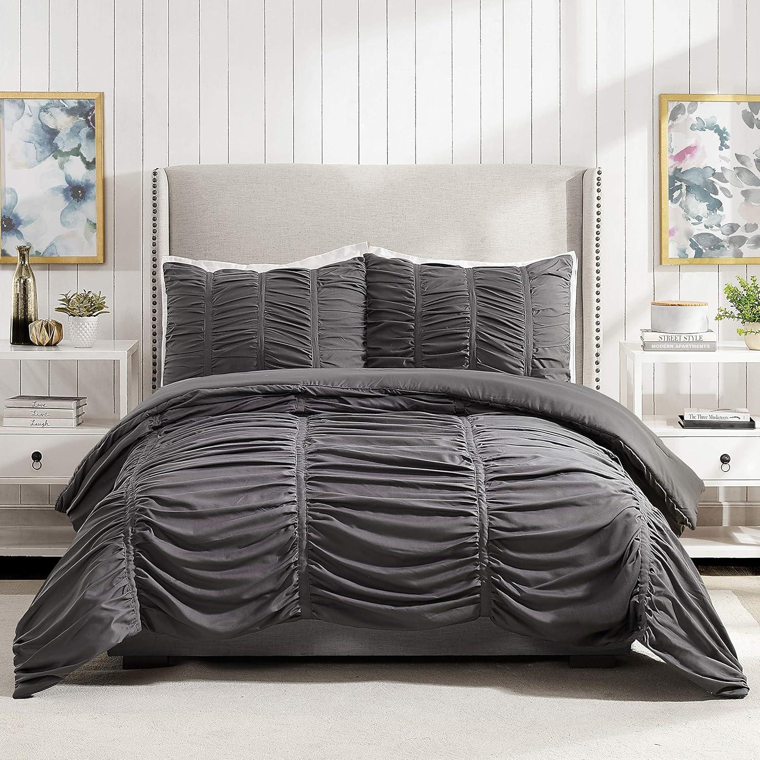 Modern Heirloom Emily Texture T/TXL Emily Texture Comforter Set Dark Gray: Polyester, Machine Washable, Includes Sham