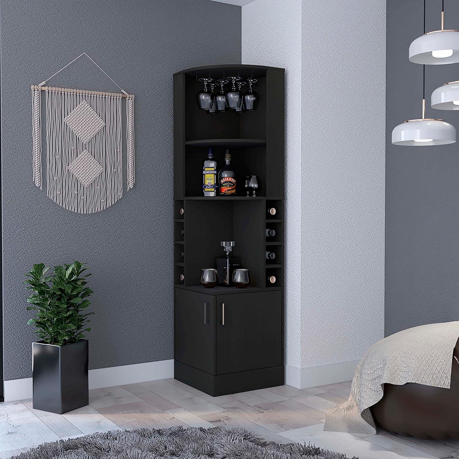 Delhi Black Engineered Wood Corner Bar Cabinet with Glass Rack