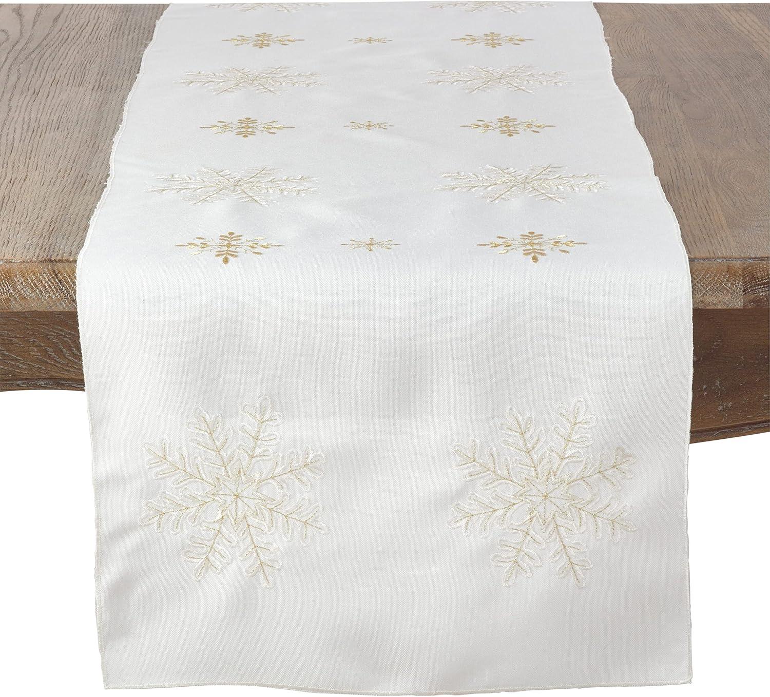 Ivory Polyester Snowflake Embroidered Winter Table Runner