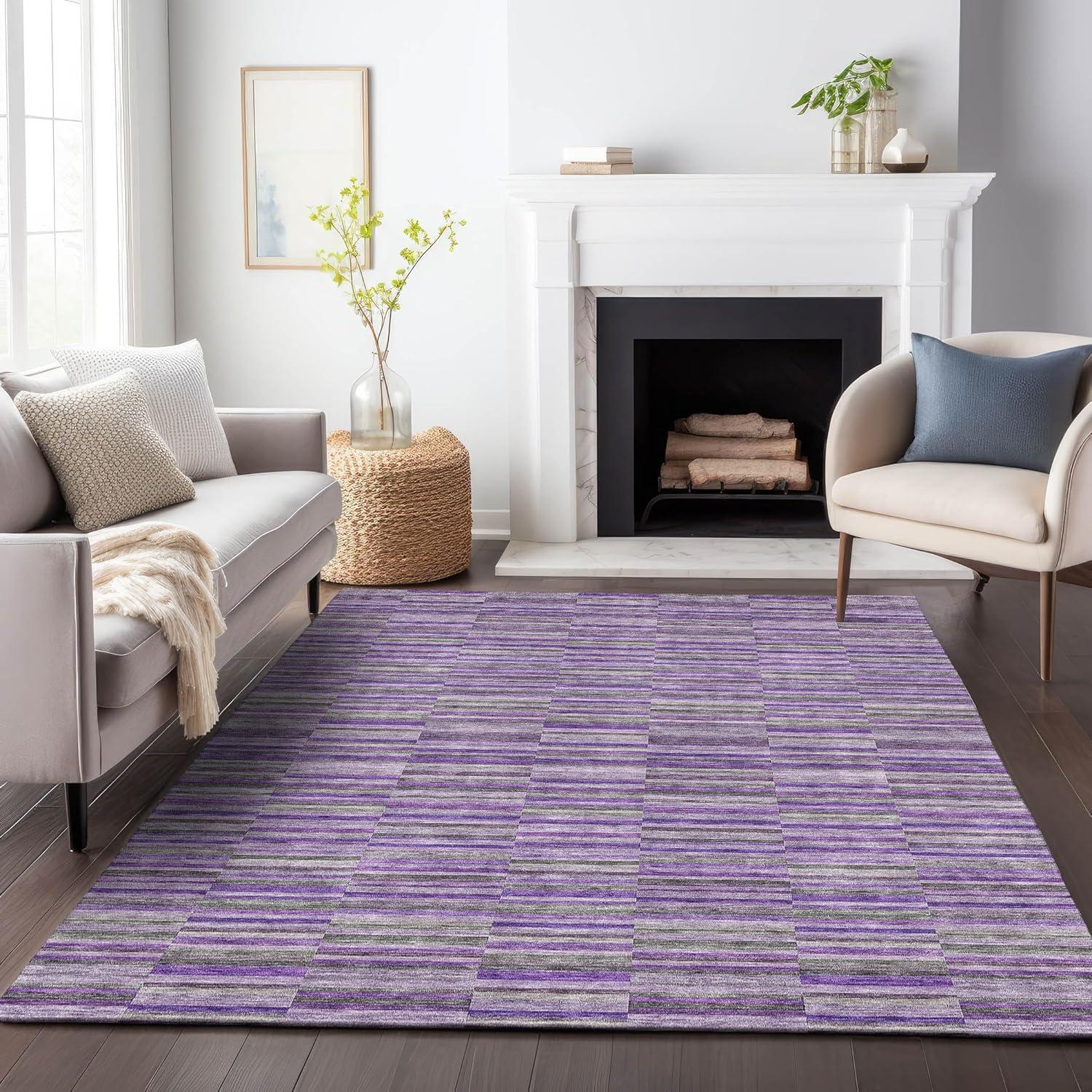 Purple and Gray Striped Synthetic Washable Indoor/Outdoor Rug