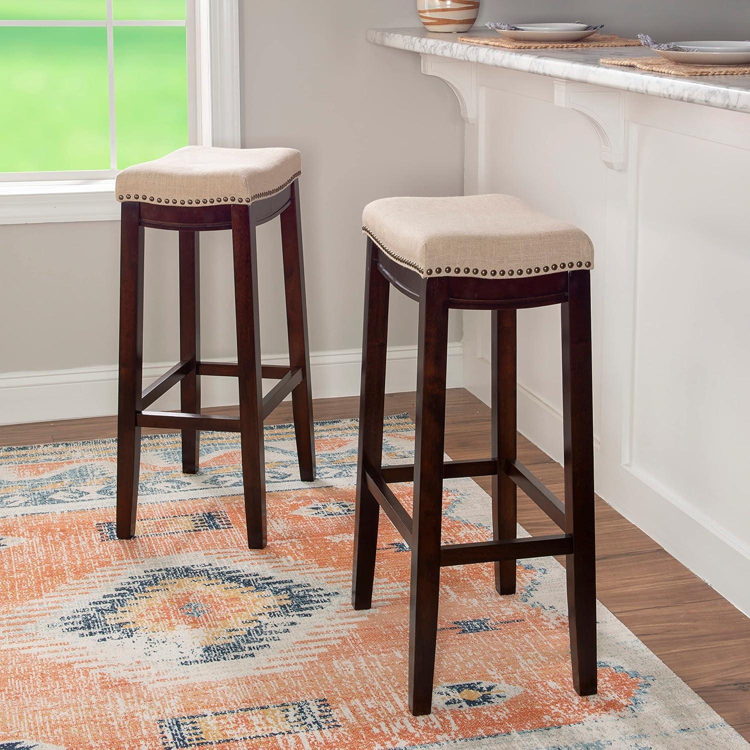 Linon Claridge Backless Wood Counter Stool, 26" Seat Height, Dark Walnut Finish with Beige Linen Fabric