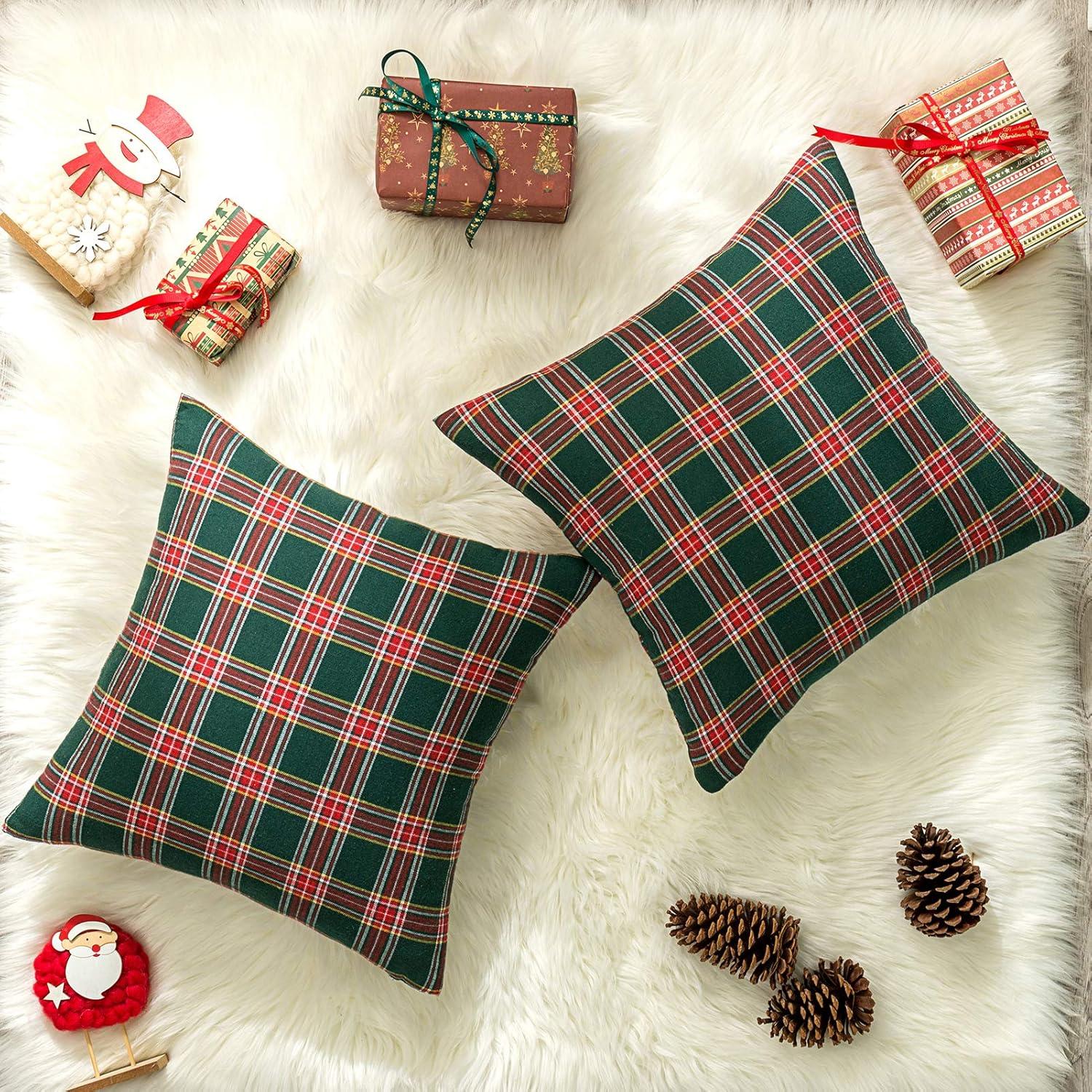 Set of 2 Christmas Scottish Tartan Plaid Throw Pillow Covers Cushion Case for Farmhouse Home Decor, 18 x 18 Inches