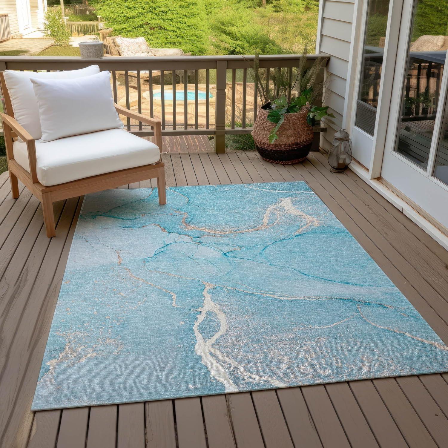 Teal and Beige Rectangular Washable Synthetic Area Rug