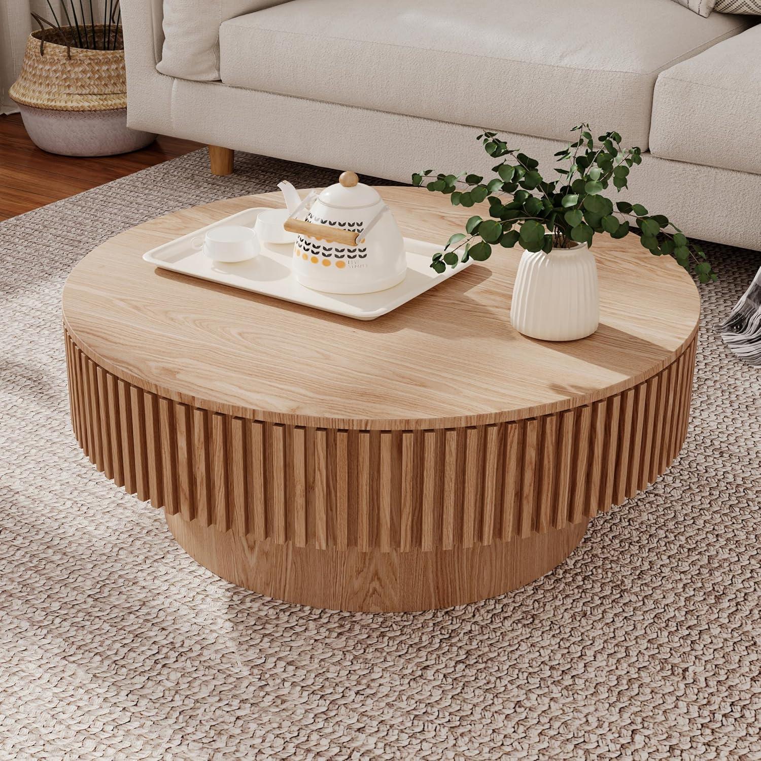 HomVent 31.5'' Round Coffee Table with Storage, Modern Wooden Coffee Table with Solid Wood Veneered, Circle Center Table Accent Tea Table for Living Room, Small Space, Apartment