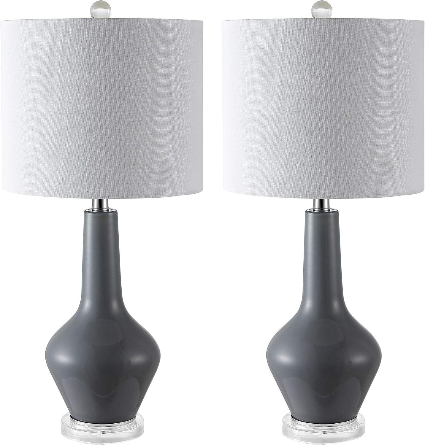 Elegant Smoked Grey Glass Table Lamp Set with White Drum Shade