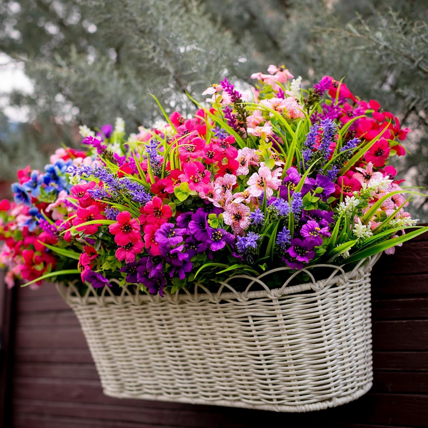 Artificial Flowers Outdoor Shrubs - 16 Bundles Fake Plants UV Resistant No Fade Faux Plastic Greenery Home Garden Porch Patio Decoration Office Indoor (1, Multi-16pcs)