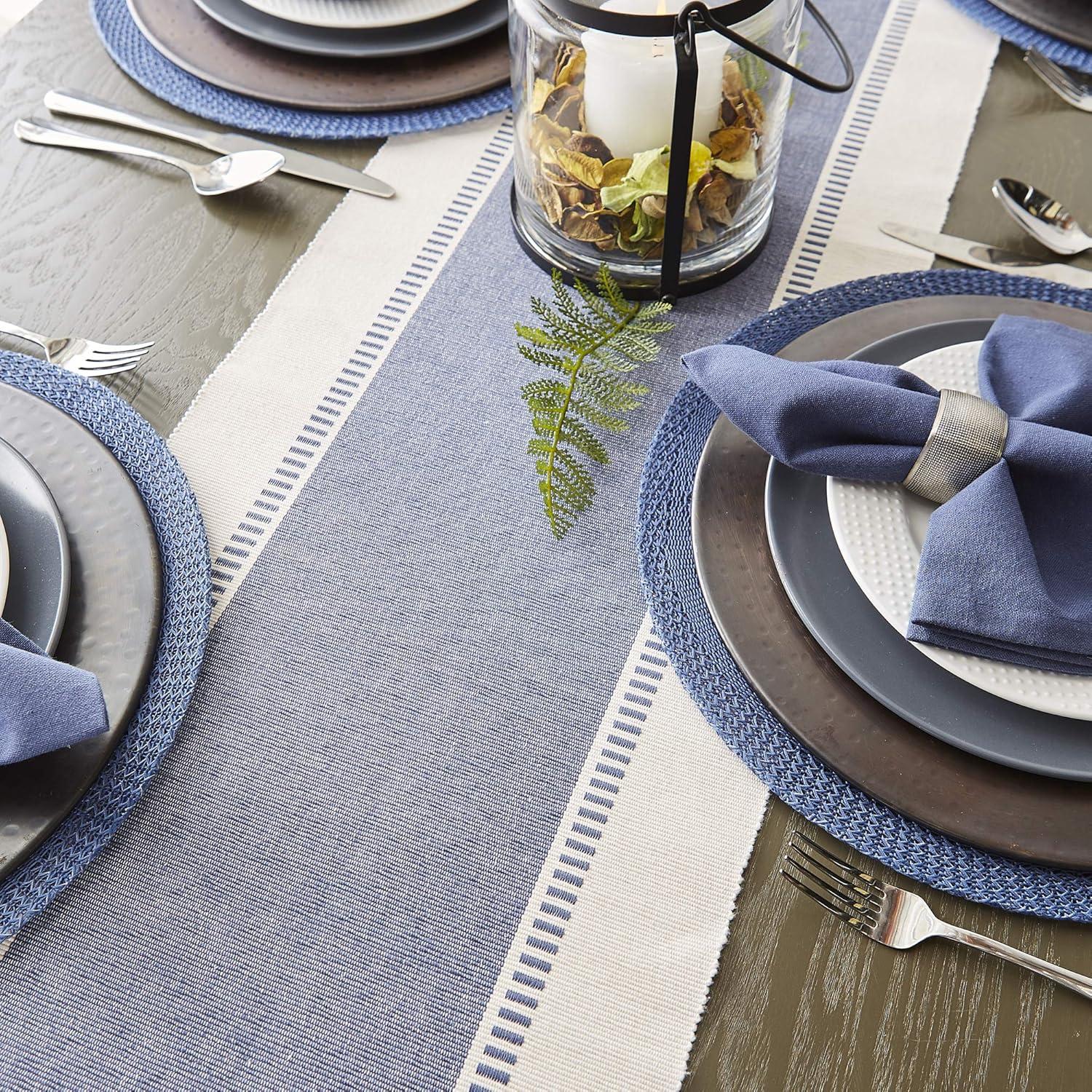 DII 13x72" Modern Cotton Dobby Stripe Table Runner in French Blue/Ivory