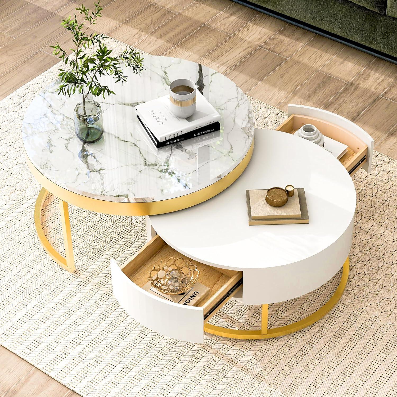 Modern Round Nesting Coffee Table with Drawers in White