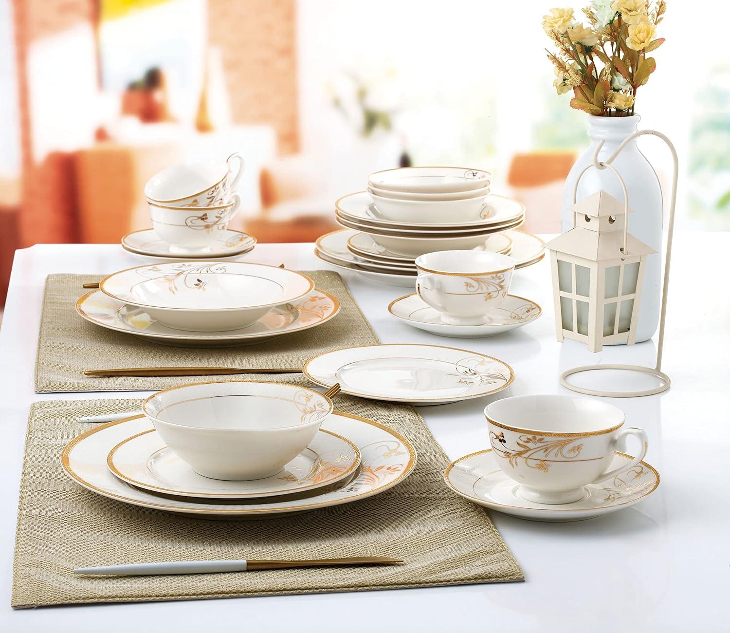 Rosalia Gold Floral Embossed Bone China Dinnerware Set, Service for 4