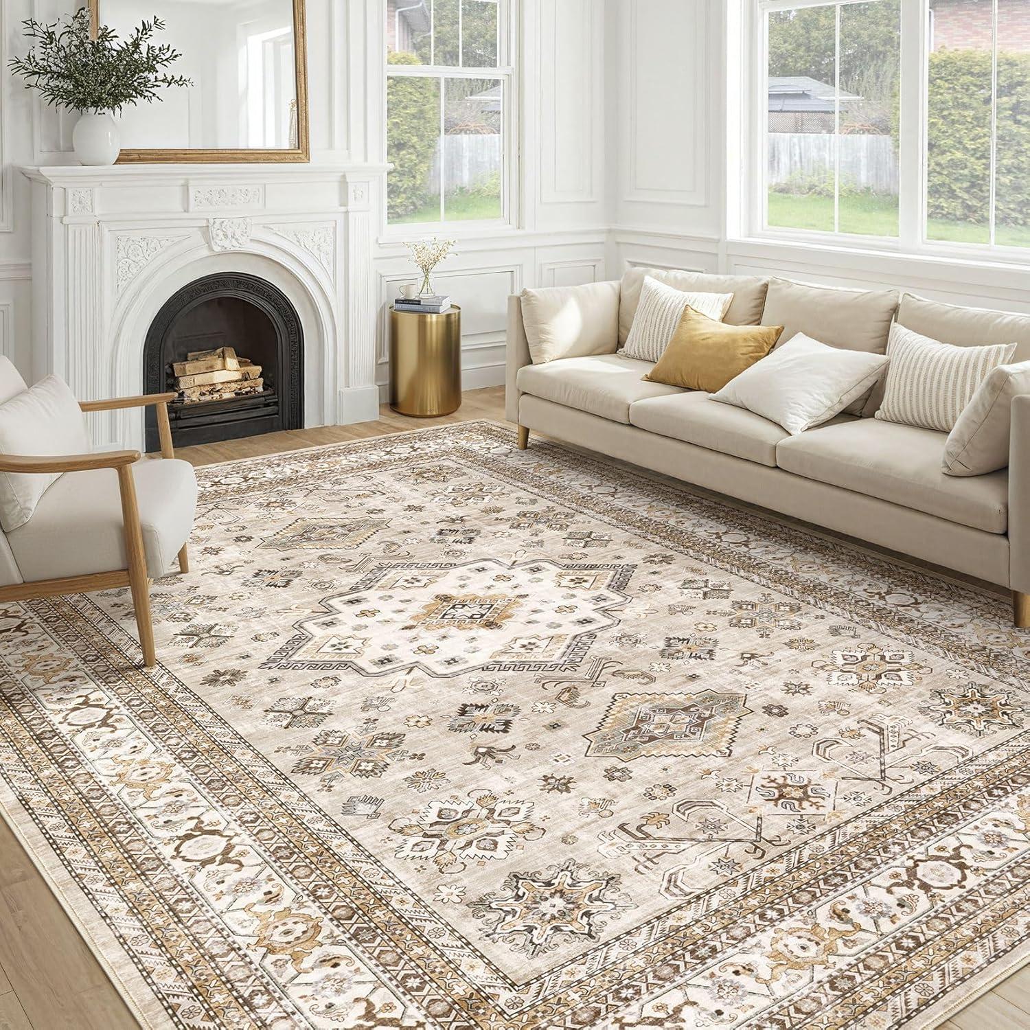 Beige and Brown 9' x 12' Washable Wool and Synthetic Area Rug