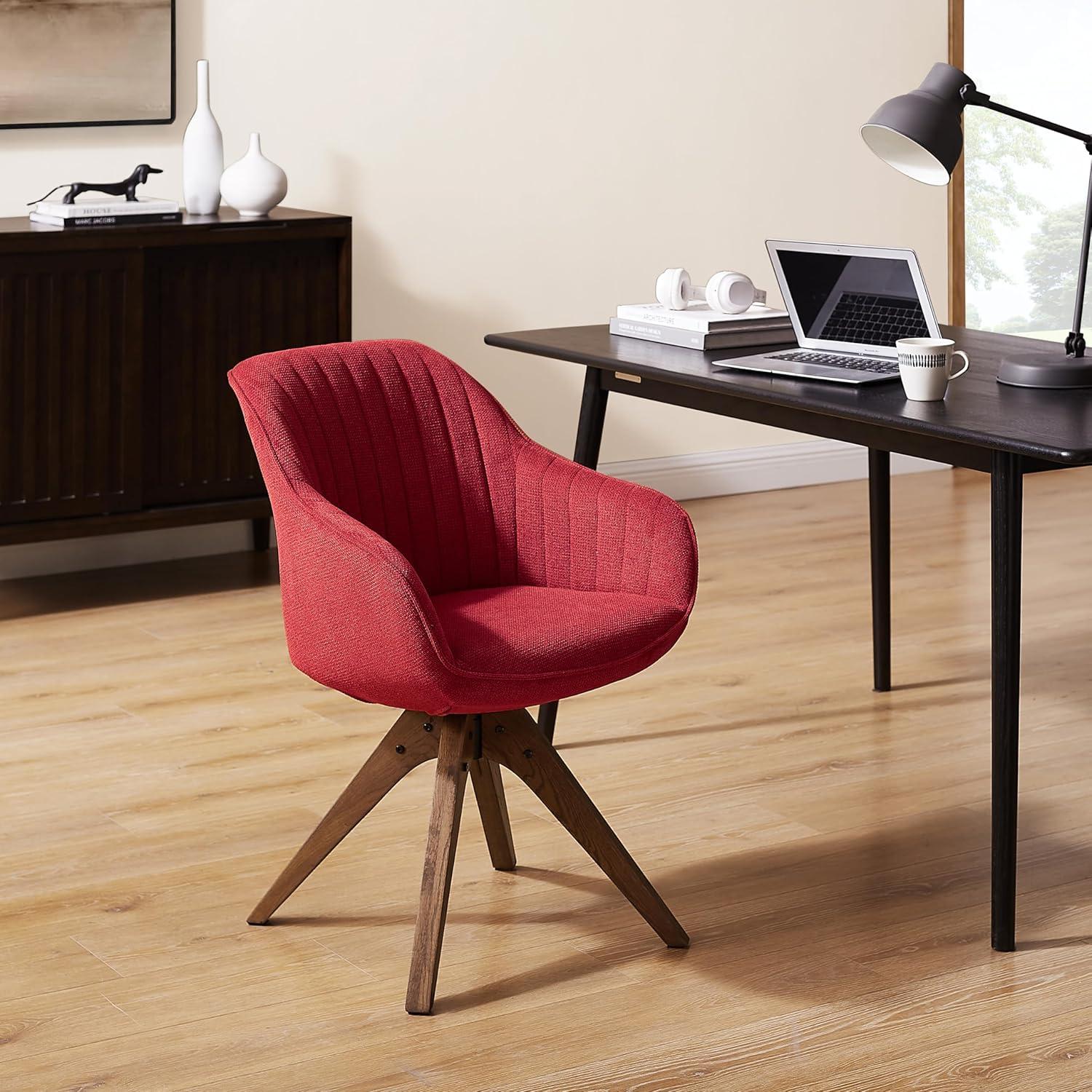 Art Leon Desk Chair No Wheels - Mid Century Modern Office Chair, Swivel Accent Chair with Oak Wood Legs, Fabric Upholstered Arm Chair, Red