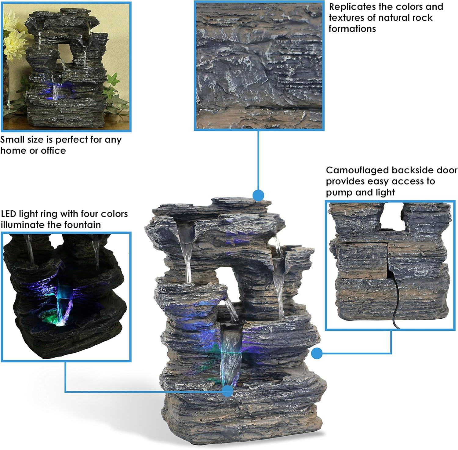 Sunnydaze Indoor Decorative Five Stream Rock Cavern Tabletop Water Fountain with Multi-Colored LED Lights - 13"