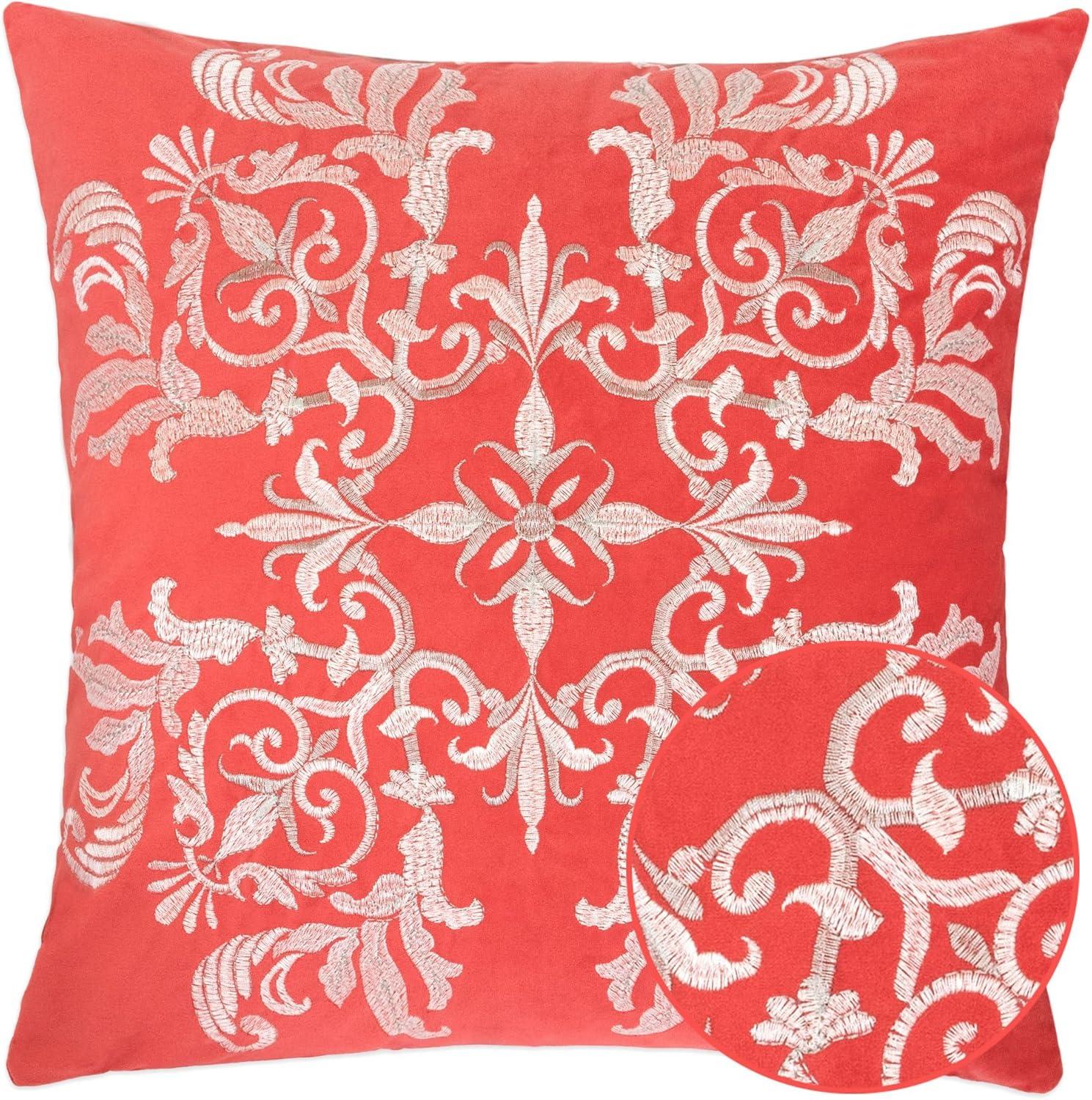 Coral Embroidered Square Polyester Throw Pillow