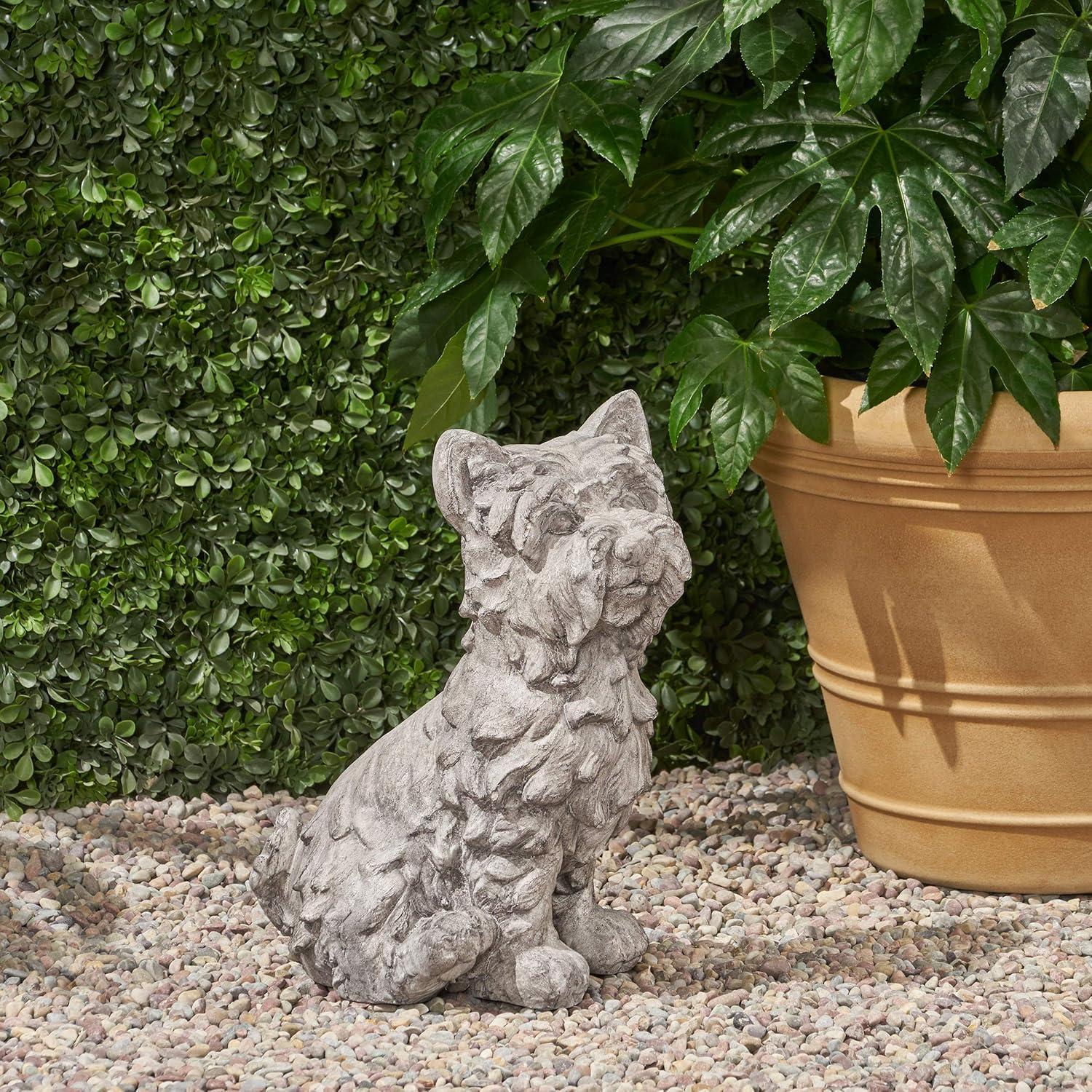 GDF Studio Borton Outdoor Cast Stone Terrier Dog Garden Statue, Antique Gray